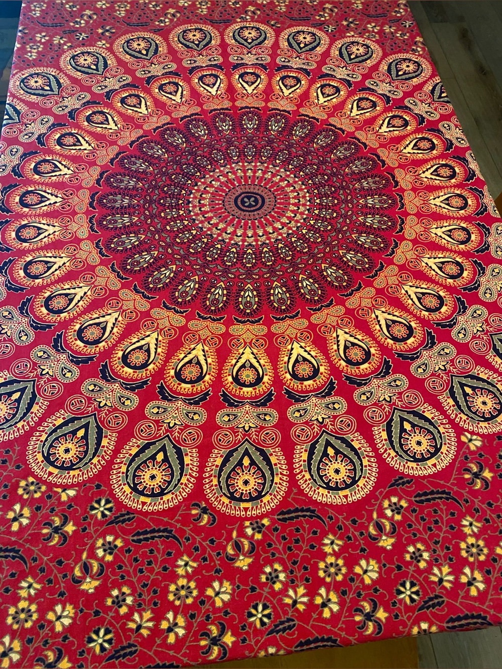 Boho Peacock Mandala Tapestry Tablecloth Red & Navy Paisley Festival 70x40”